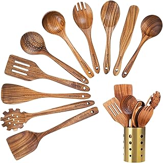 Batterie de cuisine en bois, ensemble d'ustensiles de cuisine avec porte-cuillère en bois