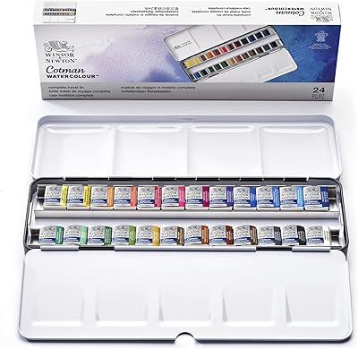 Ensemble d'aquarelles winser & newton cotman - boîte en métal 24 demi-casseroles