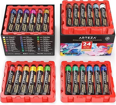 Peinture acrylique arteza, ensemble de 24 couleurs/tube (22 ml/0,82 oz) avec boîte