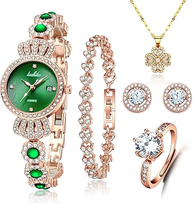 Montre brillante pour femme coffret cadeau avec bracelet collier bague et boucles