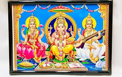 Cadre photo lakshmi ganesha saraswati puja en faux bois / cadre photo divinités
