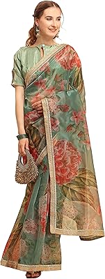 Sari en organza vert avec imprimé floral multicolore pour femme de womenista (ti2031_green & multi-colored_one size). Diaytar : Quand qualité rime avec économie