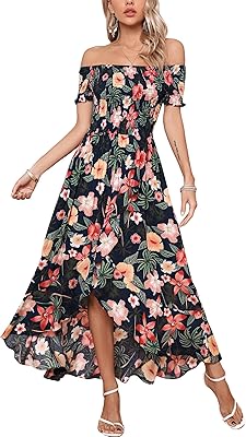 Robe longue florale à manches courtes et épaules dénudées pour femme pour la fête
