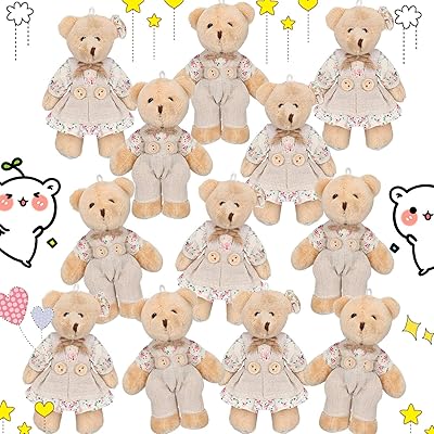 12 pièces petit ours en peluche en peluche, couple avec vêtements en toile