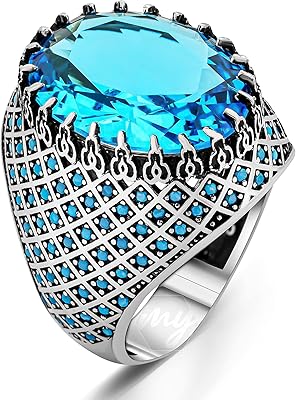 Bague pour homme en argent sterling 925 avec topaze bleue et détails turquoise