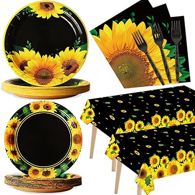 Ensemble de vaisselle jetable tournesol pour 24 invités, serviettes et chemins de table