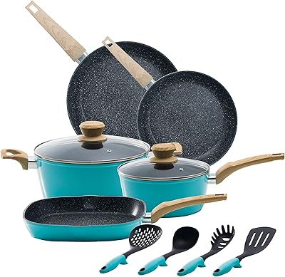 Insiya batterie de cuisine 11 pièces en granit/marbre en aluminium avec couvercles en verre, passe au lave-vaisselle et fond perforé, bleu glacier, sv59. Comparez, choisissez, économisez sur Diaytar Sénégal