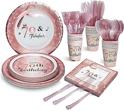 Homix 70 pièces assiettes serviettes et gobelets de fête en or rose