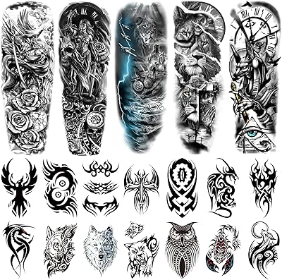 19 pièces faux autocollant de tatouage temporaire demi-manche bras complet pour hommes
