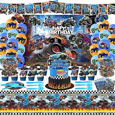 Fournitures de fête d'anniversaire monster truck, décorations de fête monster truck comprenant