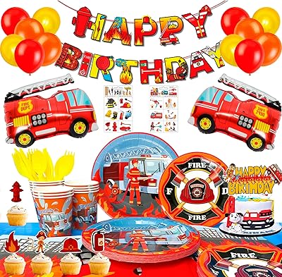 Fournitures de fête d'anniversaire de camion de pompier, 155 pièces, décorations de fête