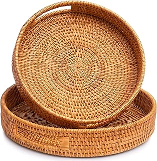 Plateau de service rond en rotin ro avec poignées, plateaux de service ottomans