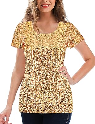 Chemisier à paillettes pour femme, chemise de soirée à paillettes à manches courtes