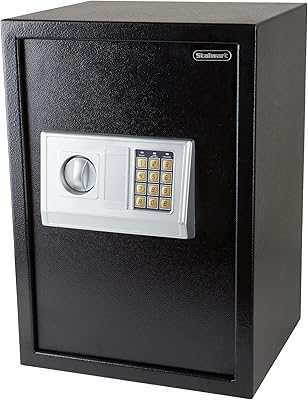 Un coffre-fort électronique numérique en acier avec un clavier et deux touches