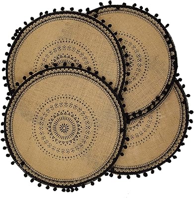 Ensemble de 4 nappes rondes capasin boho design, noires avec un design tressé