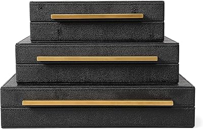 King flux shagreen noir faux cuir boîtes décoratives ensemble de 3 rangement