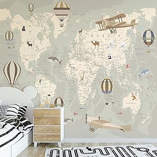Papier peint pour enfants carte du monde avec animaux mural