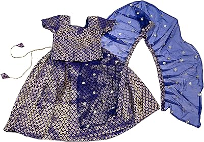 Tradition india kids chanderi silk lehenga choli ensemble bleu royal, manches courtes lehenga