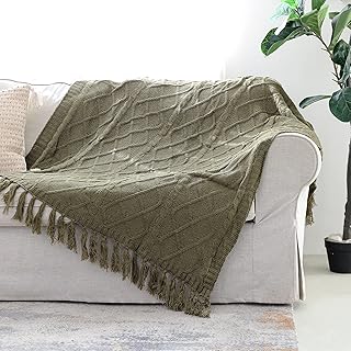 Couverture unie tissée douce et confortable, couverture légère brodée verte avec frange