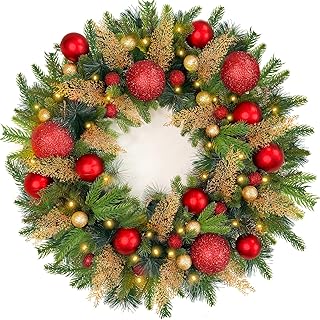 Grande couronne de noël pré-éclairée de 26 pouces avec minuterie, 80 lumières épaisses