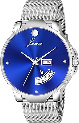 Montre analogique avec jour et date à cadran bleu et chaîne en maille