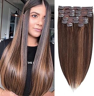Extensions de cheveux humains à clips brun foncé mélangé avec couleur
