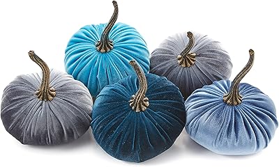 Lot de 5 mini citrouilles en velours comprenant du bleu sarcelle et 2