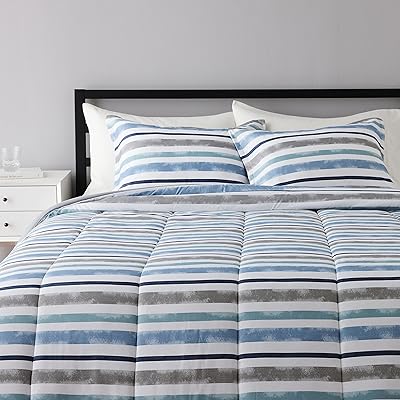 Parure de lit réversible amazonbasics, taille double/queen, rayures bleues, microfibre ultra douce
