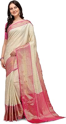 Sari en soie banarasi arts pour femme avec chemisier (bh_1_white), blanc, 5,5 mètres
