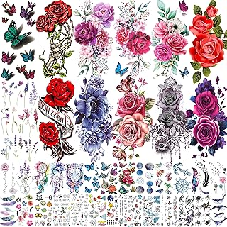 38 feuilles de tatouages ​​temporaires de fleur de pivoine rose pour femmes adultes