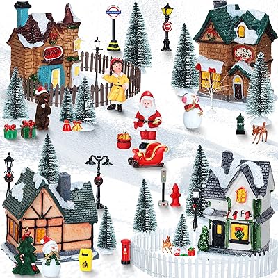 48 pièces ensemble de figurines de village de noël mini led illuminé haut