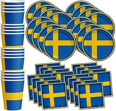Ensemble de fournitures de fête d'anniversaire drapeau suédois, assiettes, serviettes, gobelets, service