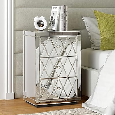 Table de chevet avec miroir shifu avec 3 tiroirs, table de chevet argentée/table