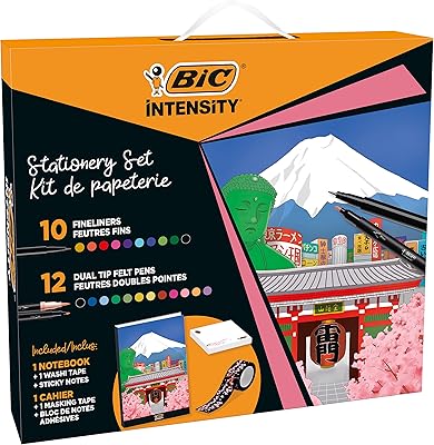 Kit de papeterie bic intensity japan avec feutres fins, feutres double pointe, ruban