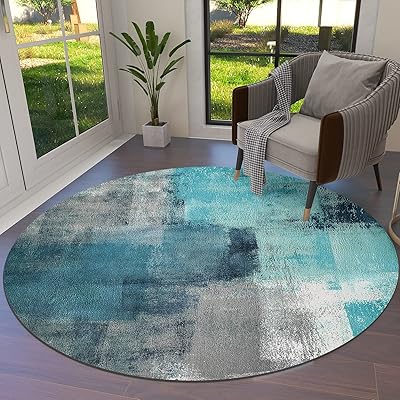 Grand tapis rond gris turquoise pour salon, design artistique abstrait, tapis de sol