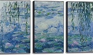 Art original nénuphars classiques célèbres de claude monet avec cadre de chargement avant en saule suspendu (moulure en bois massif ultra mince de 1/4 po) 19 x 34 chacun, lot de 3, coup de pinceau 3d pour la maison, le lit, le bureau. Diaytar : Votre partenaire e-commerce au quotidien