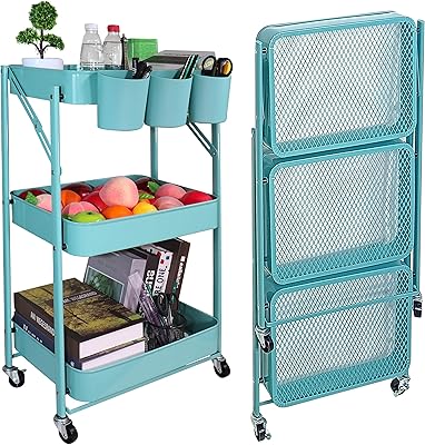 Chariot de rangement pliable en métal à 3 niveaux oyo avec 3 tasses