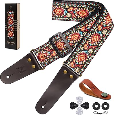 Sangle de guitare multicolore avec extrémités en cuir véritable pour guitare électrique