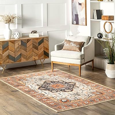 Tapis traditionnel antique lavable en machine nalom sera, 5 x 8 pieds, beige