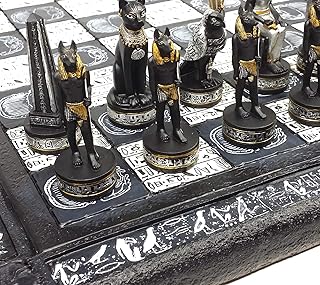 Jeu d'échecs égyptien anubis pour hommes noir argent et or avec plateau hiéroglyphique