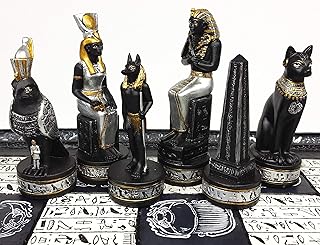 Jeu d'échecs égyptien anubis noir et argent avec accents dorés