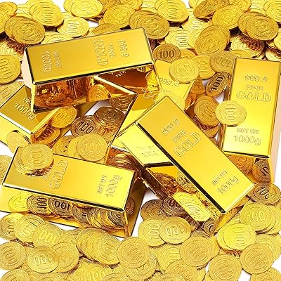 100 pièces de fausses d'or de pirate et 6 fausse barre d'or