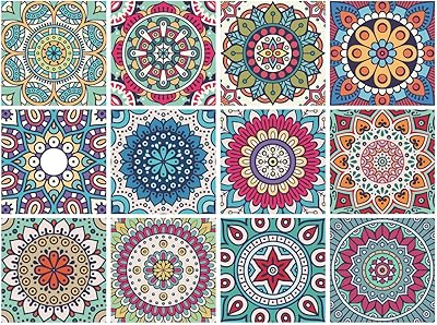 Ensemble d'autocollants décoratifs pour carreaux mandala, 12 unités, 6x6 pouces. autocollants adhésifs