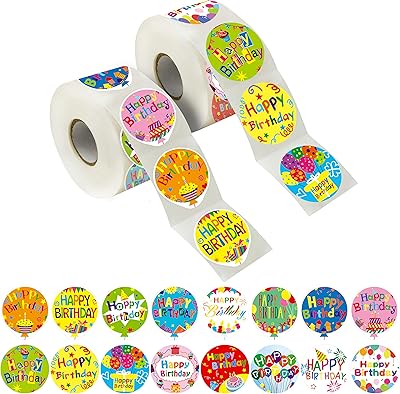 500 pièces d'adorables autocollants ronds joyeux anniversaire en 8 modèles avec ligne perforée