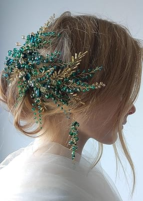 Cursebeauty bandeau en perles vertes dorées avec boucles d'oreilles pour mariée accessoires