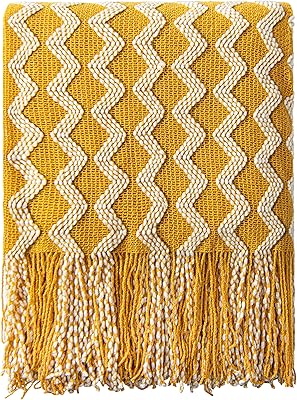 Nt by couverture de canapé tricotée en acrylique, couverture tricotée légère et douce et confortable avec frange pour voyage, canapé, lit, canapé, 51 x 67 pouces, ondulé jaune foncé. Diaytar : Le choix malin des consommateurs sénégalais