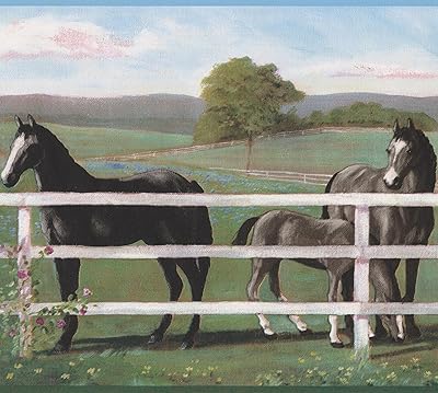 Papier peint classique cheval noir derrière une clôture blanche, rouleau de 15' x