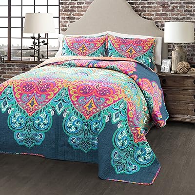 Lush decor boho chic parure de lit réversible 3 pièces, taille double/queen, turquoise/bleu