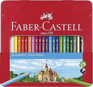Crayons de couleur classiques fiber-castell 24 couleurs dans une boîte métallique plate, multicolore